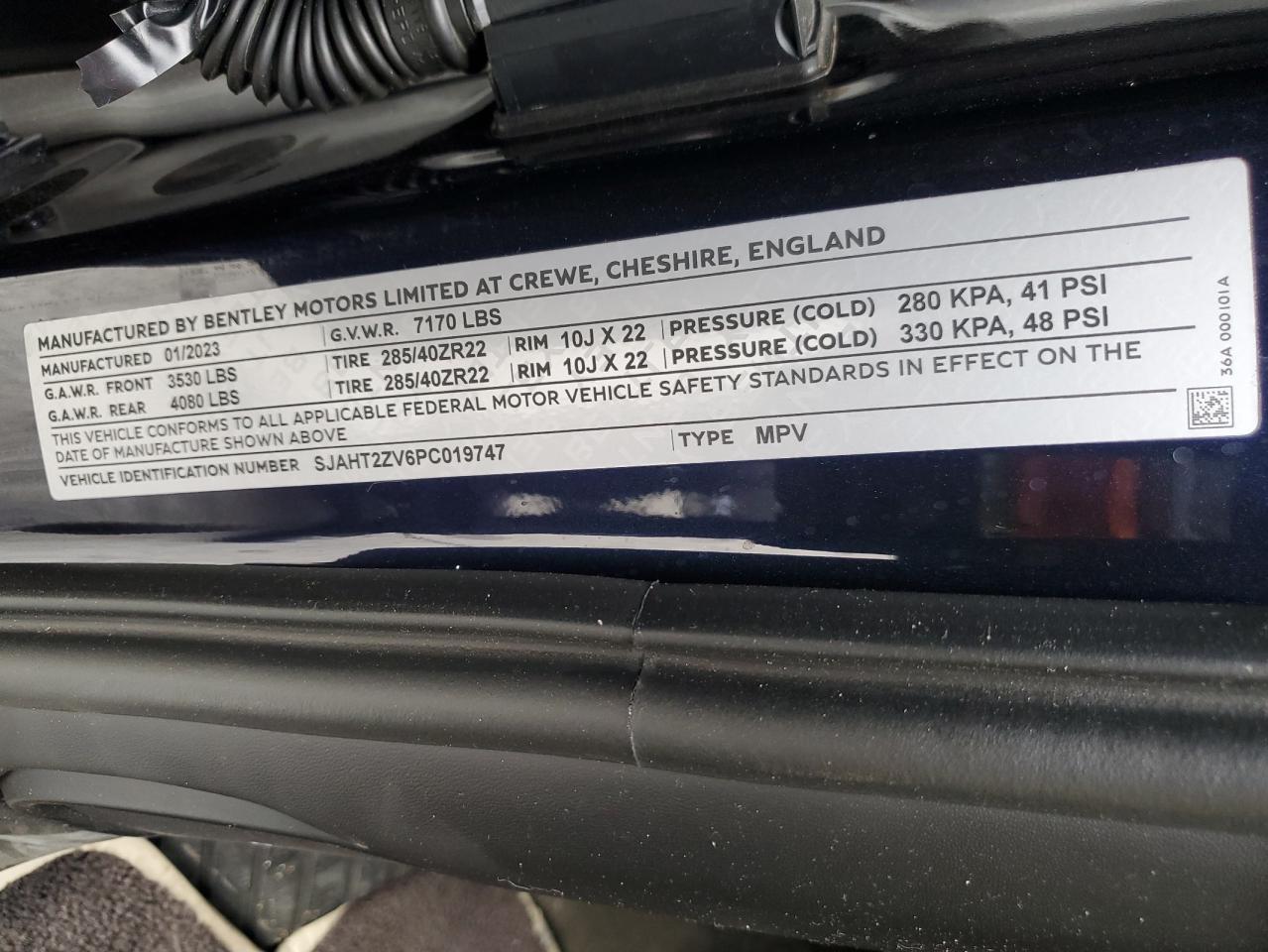 2023 BENTLEY BENTAYGA VIN:SJAHT2ZV6PC019747