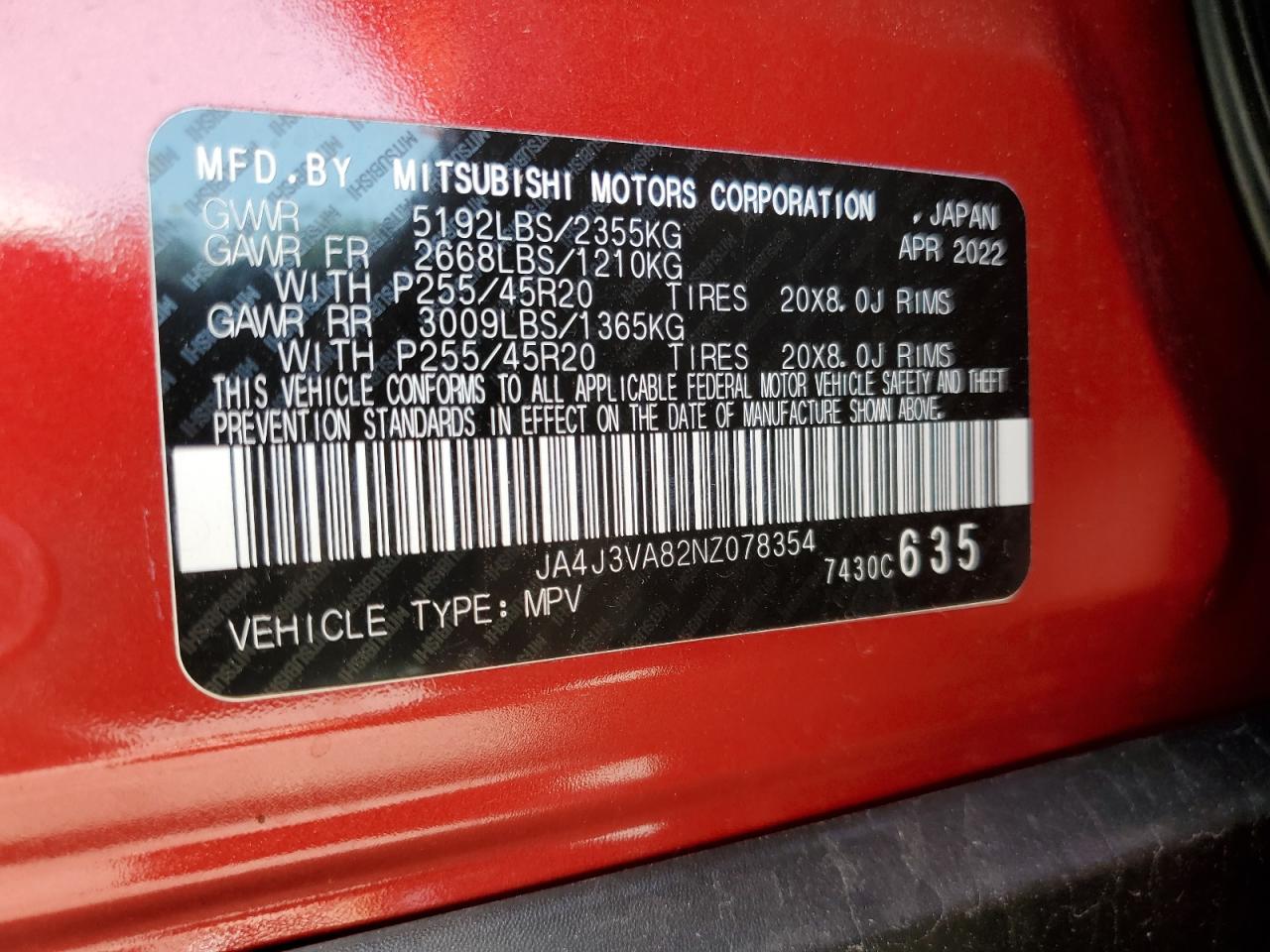 2022 MITSUBISHI OUTLANDER SEL VIN:JA4J3VA82NZ078354