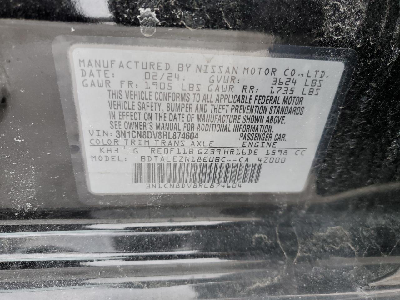2024 NISSAN VERSA S VIN:3N1CN8DV8RL874604