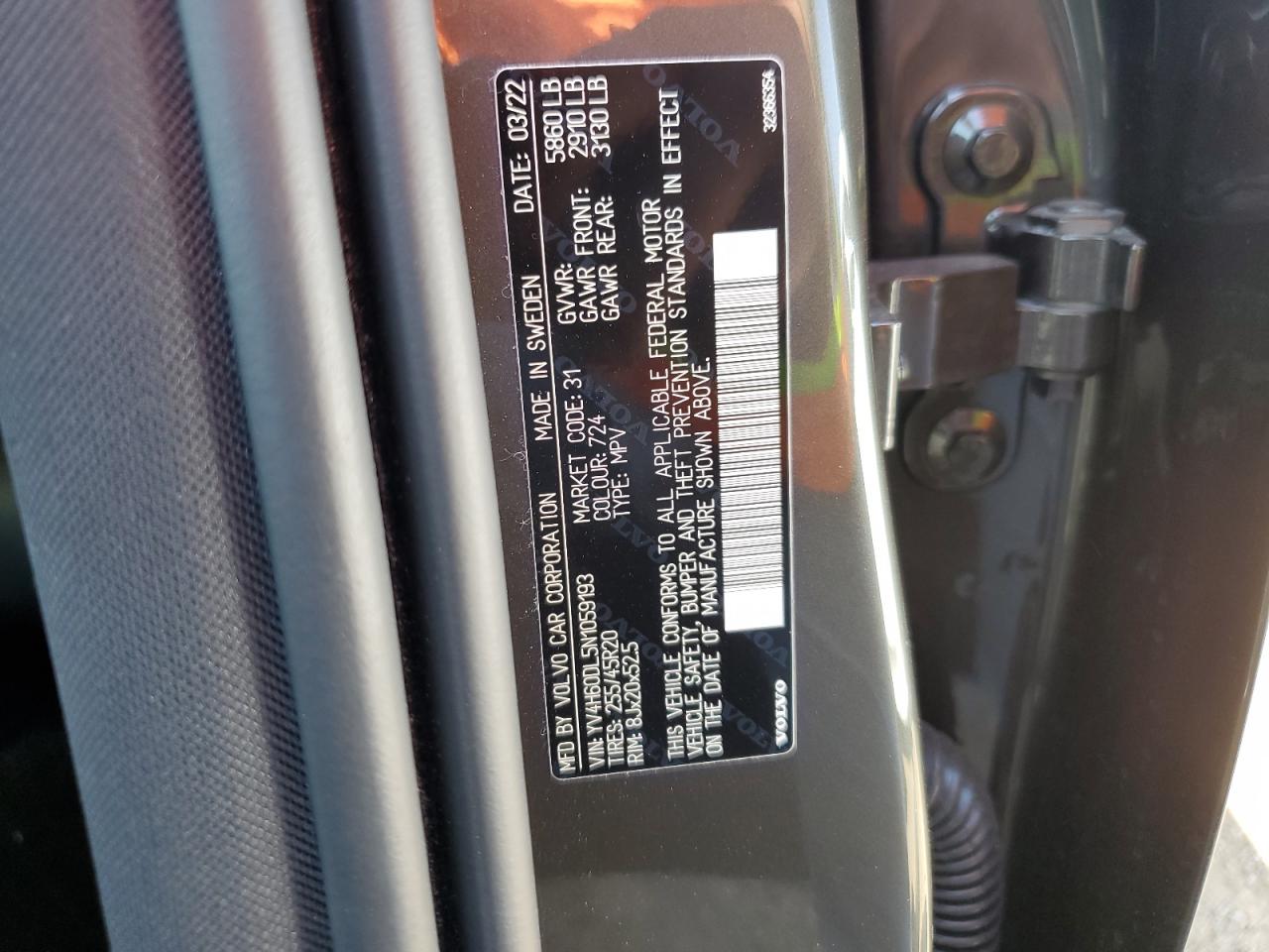 2022 VOLVO XC60 T8 RECHARGE INSCRIPTION VIN:YV4H60DL5N1059193