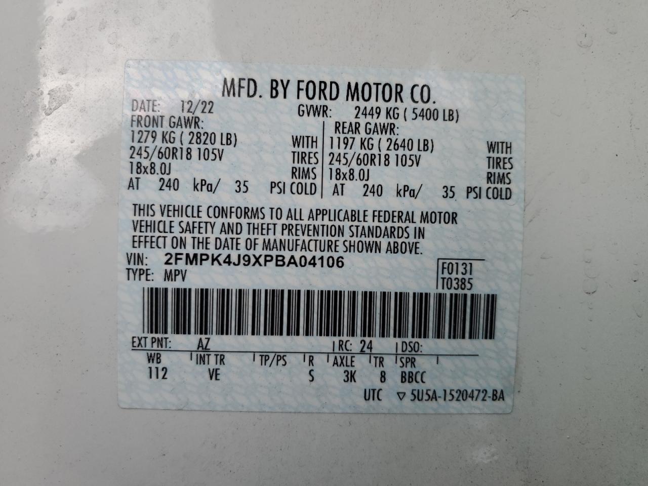 2023 FORD EDGE SEL VIN:2FMPK4J9XPBA04106