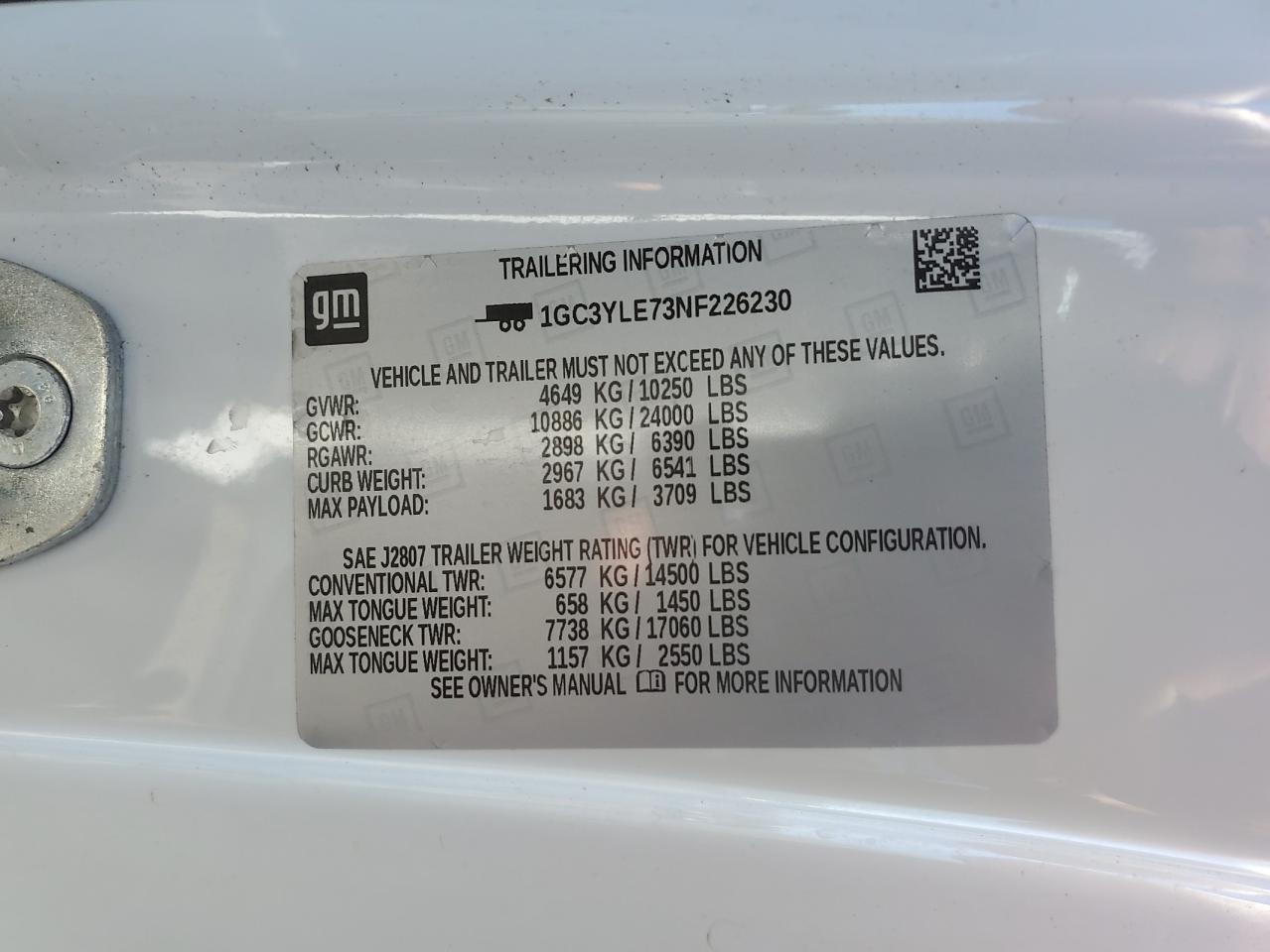 2022 CHEVROLET SILVERADO K2500 HEAVY DUTY VIN:1GC3YLE73NF226230