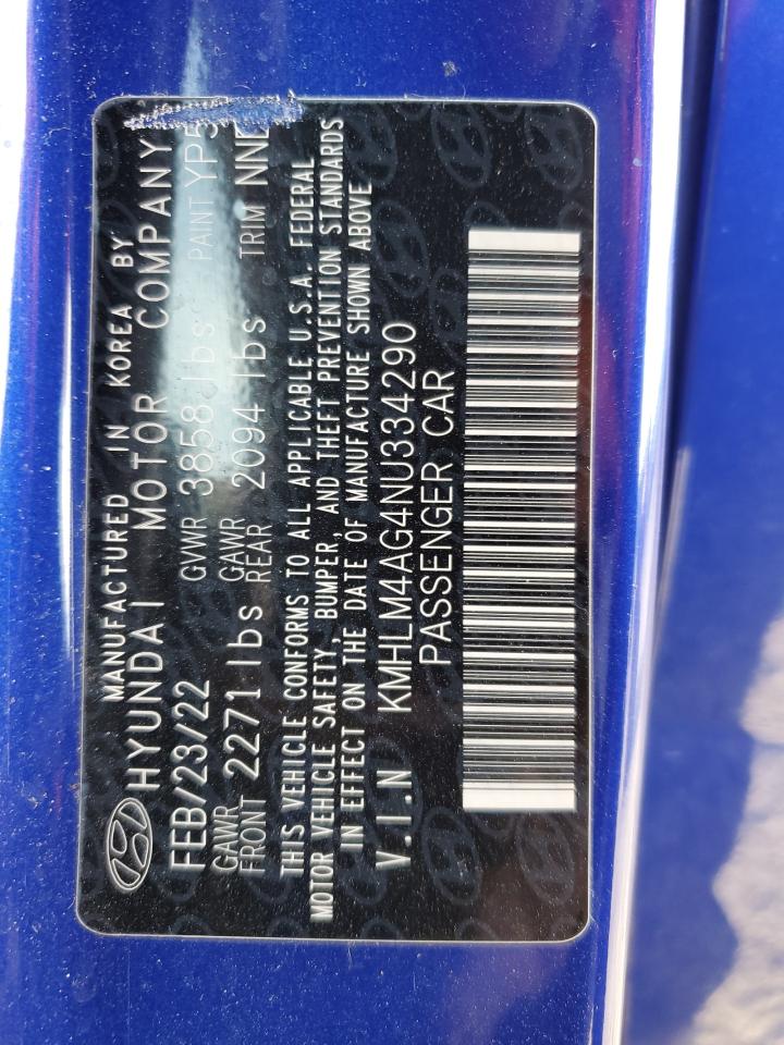 2022 HYUNDAI ELANTRA SEL VIN:KMHLM4AG4NU334290