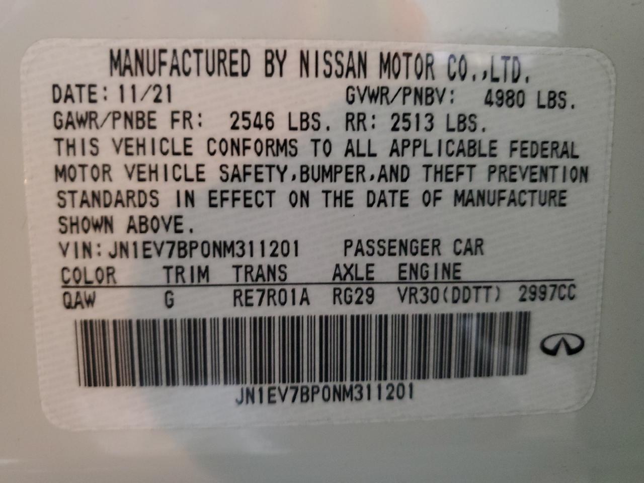 2022 INFINITI Q50 LUXE VIN:JN1EV7BP0NM311201