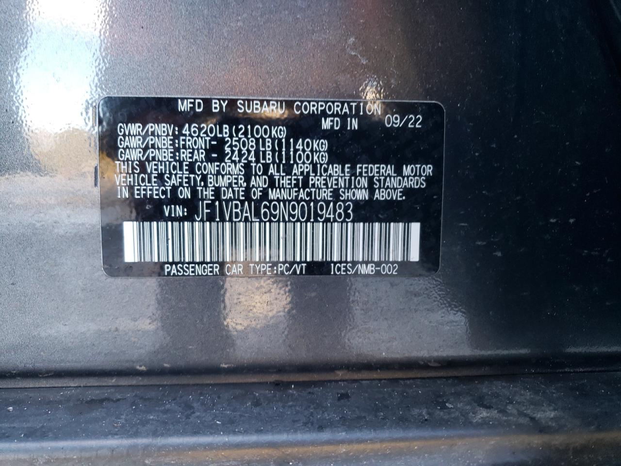 2022 SUBARU WRX LIMITED VIN:JF1VBAL69N9019483