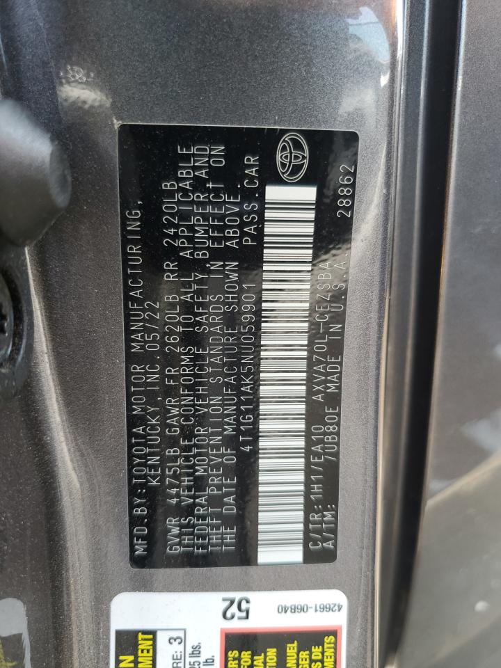 2022 TOYOTA CAMRY SE VIN:4T1G11AK5NU059901