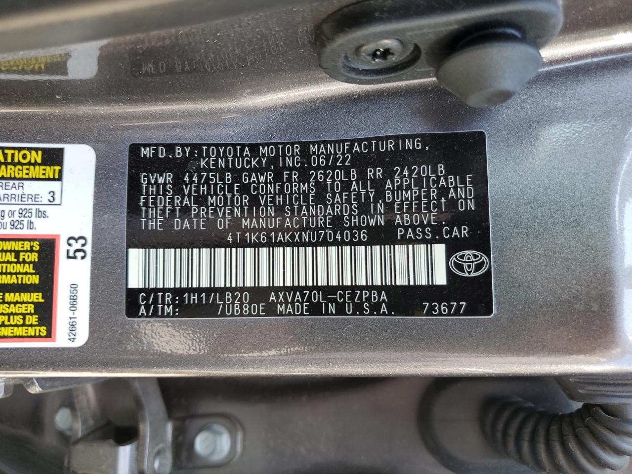 2022 TOYOTA CAMRY XSE VIN:4T1K61AKXNU704036