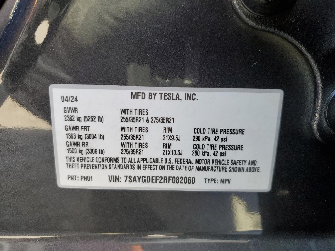 2024 TESLA MODEL Y VIN:7SAYGDEF2RF082060
