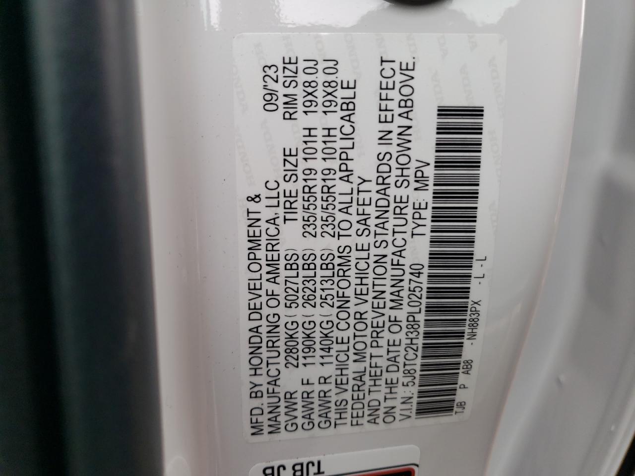 2023 ACURA RDX VIN:JF2GPBCC5EH221910