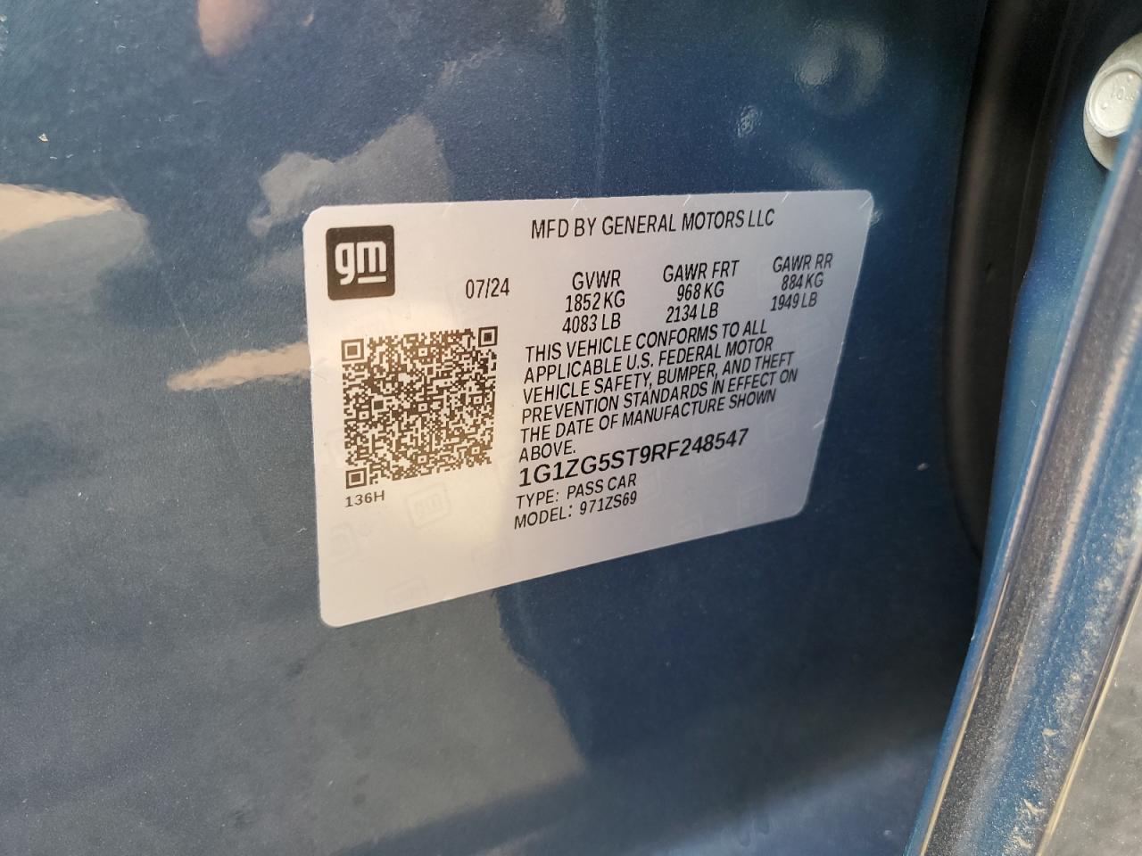 2024 CHEVROLET MALIBU RS VIN:1G1ZG5ST9RF248547