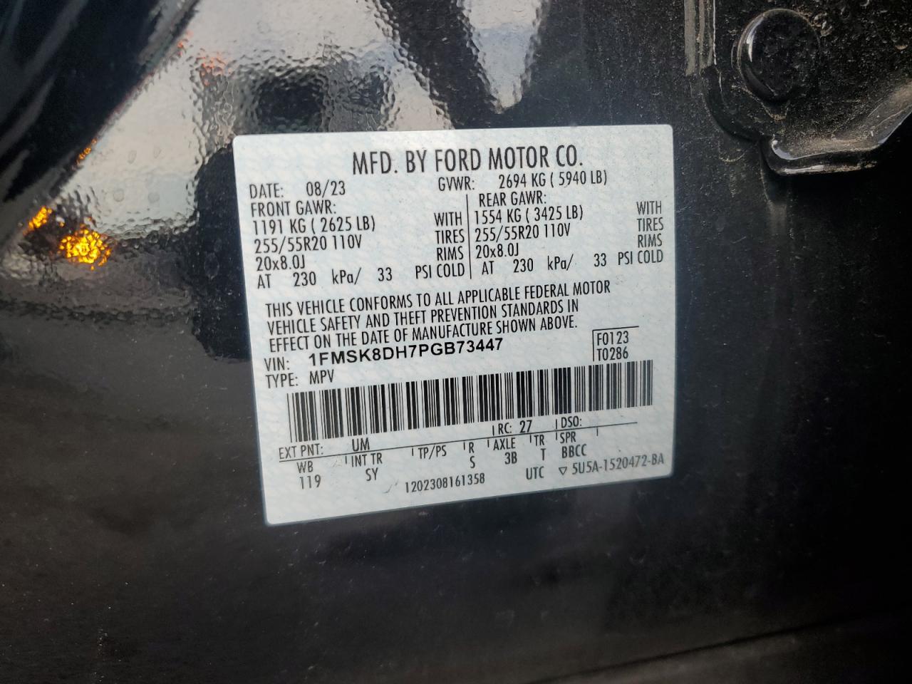2023 FORD EXPLORER XLT VIN:1FMSK8DH7PGB73447