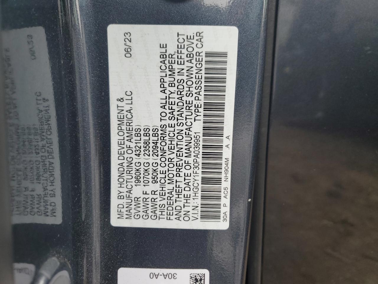 2023 HONDA ACCORD EX VIN:1HGCY1F30PA039951