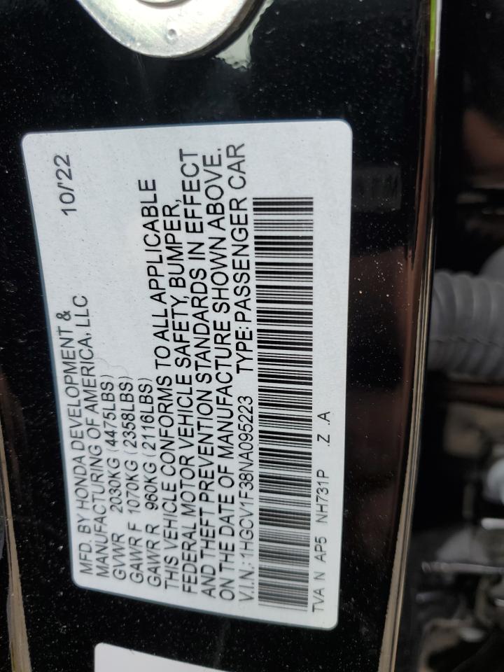 2022 HONDA ACCORD SPORT VIN:1HGCV1F38NA095223