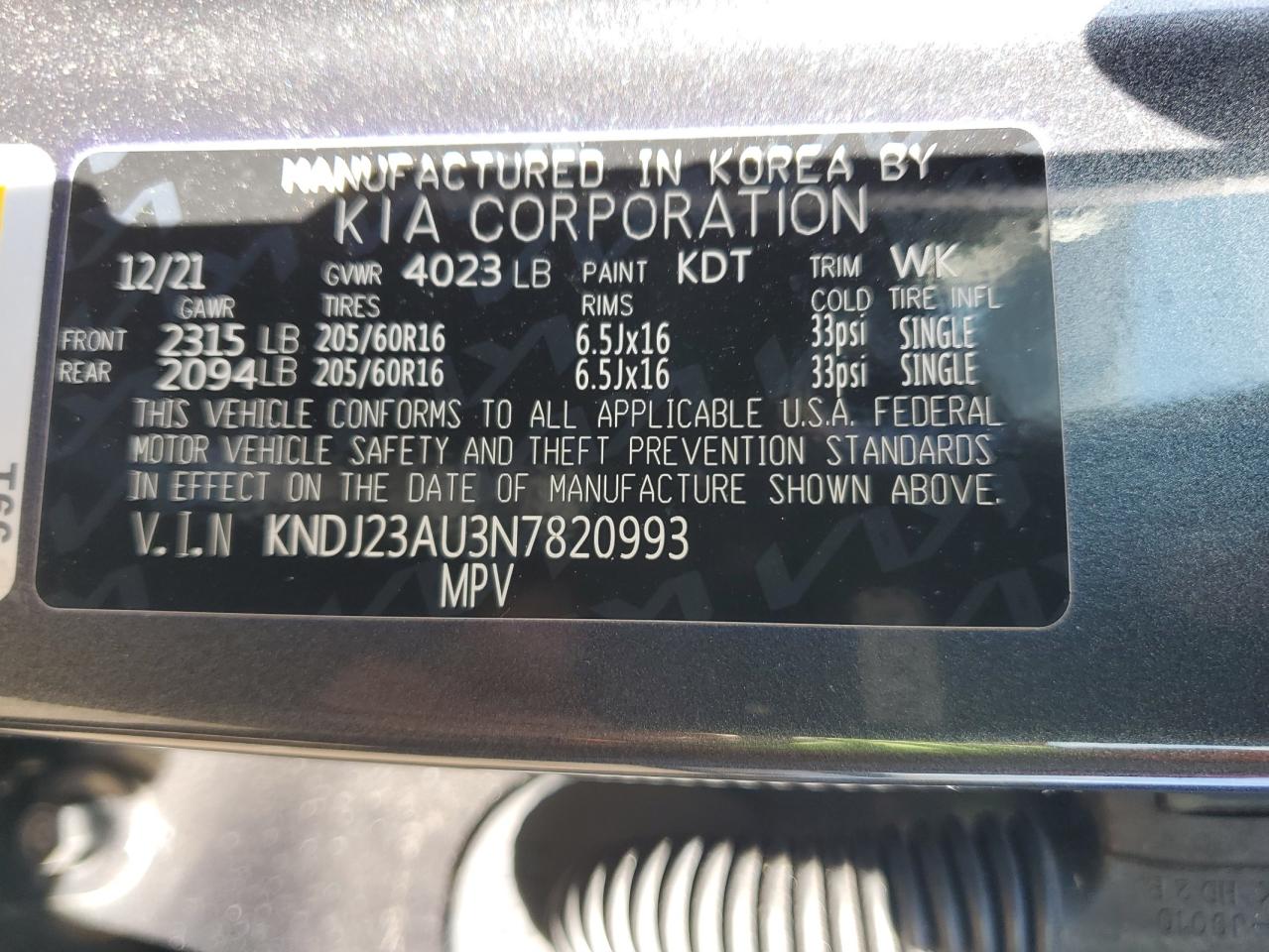 2022 KIA SOUL LX VIN:KNDJ23AU3N7820993