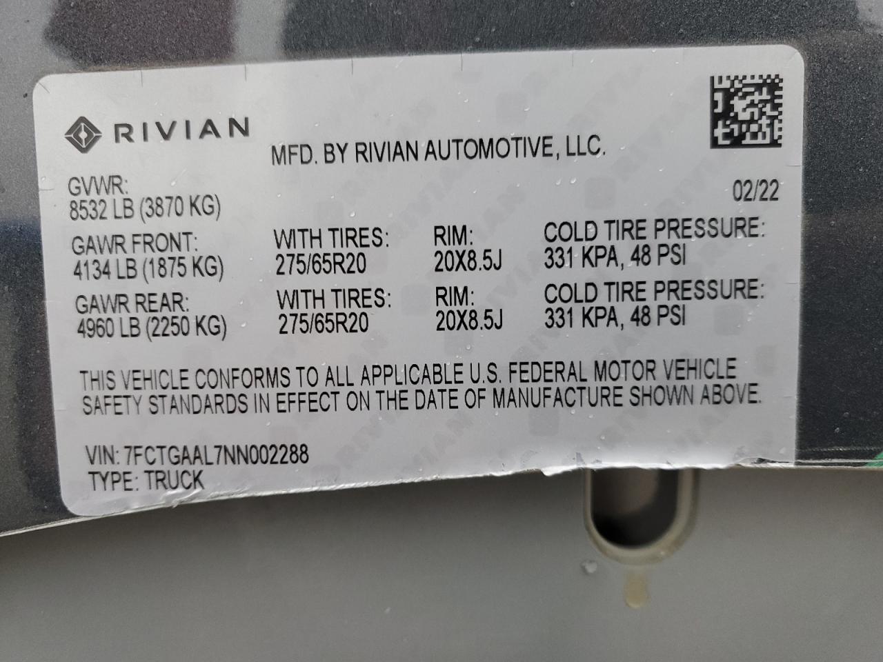 2022 RIVIAN R1T LAUNCH EDITION VIN:7FCTGAAL7NN002288