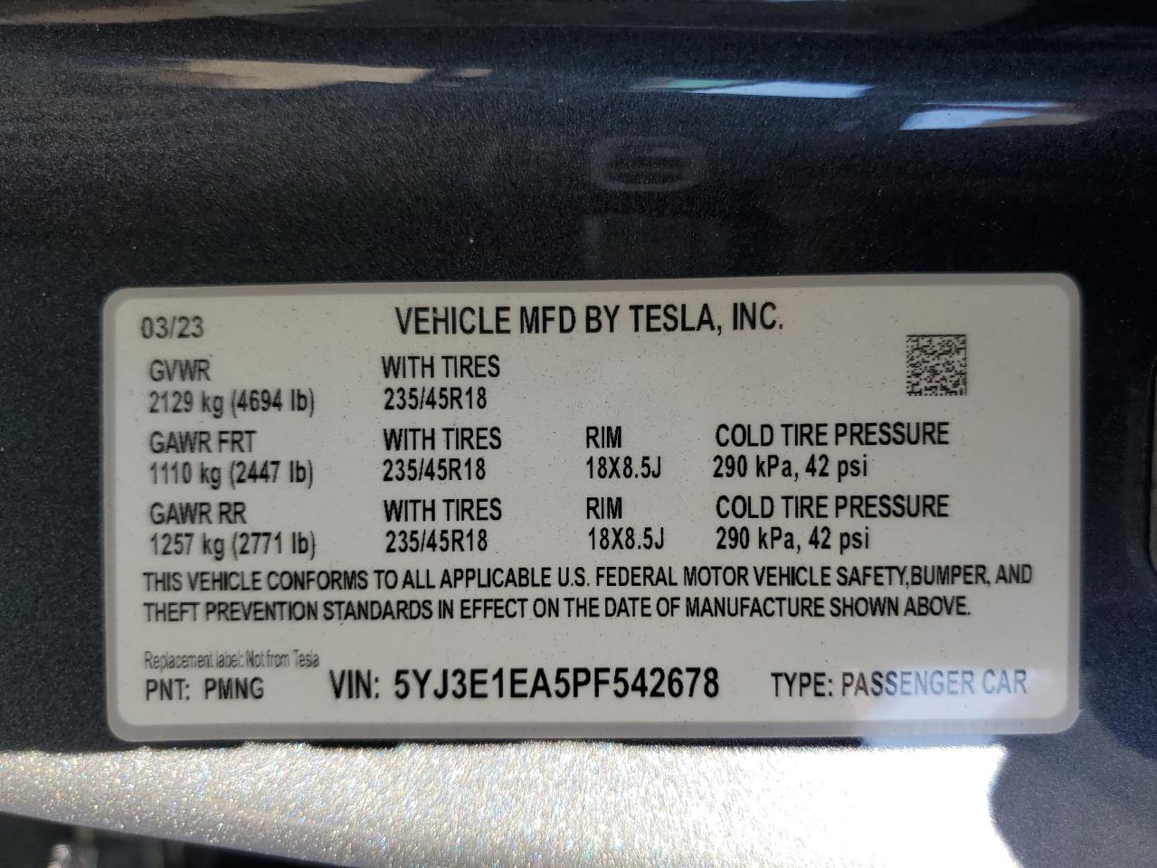 2023 TESLA MODEL 3 VIN:5YJ3E1EA5PF542678