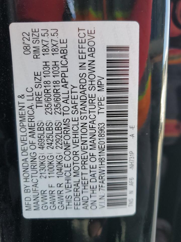 2022 HONDA CR-V EXL VIN:7FARW1H81NE018963