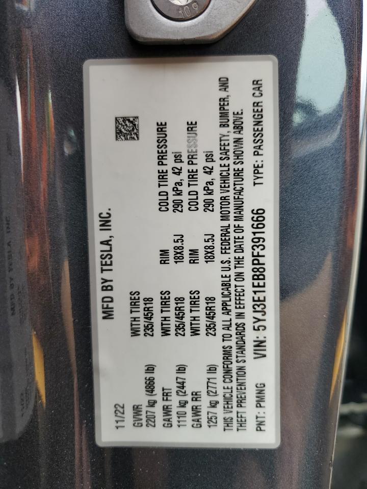2023 TESLA MODEL 3 VIN:5YJ3E1EB8PF391666