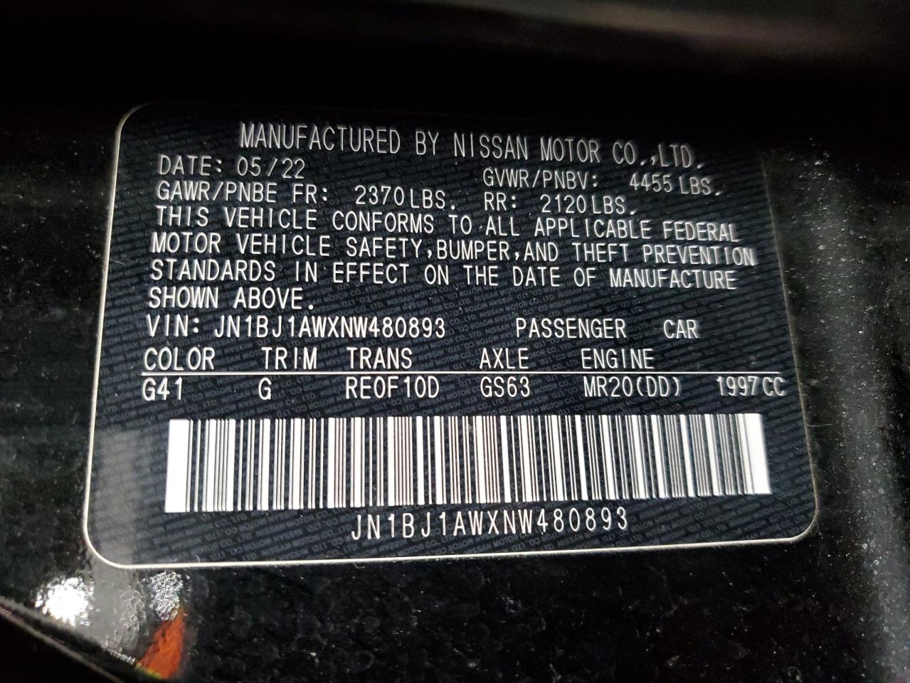 2022 NISSAN ROGUE SPORT S VIN:JN1BJ1AWXNW480893