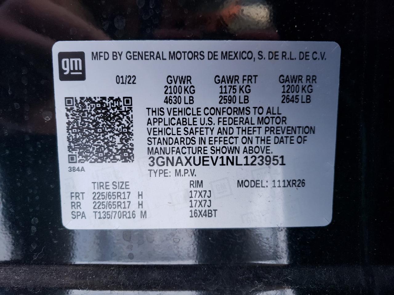 2022 CHEVROLET EQUINOX LT VIN:3GNAXUEV1NL123951