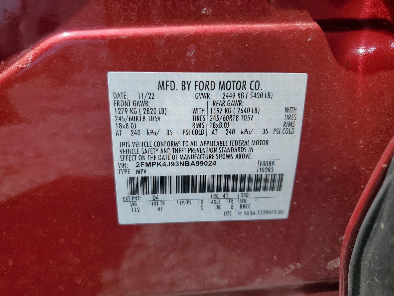 2022 FORD EDGE SEL VIN:2FMPK4J93NBA99024