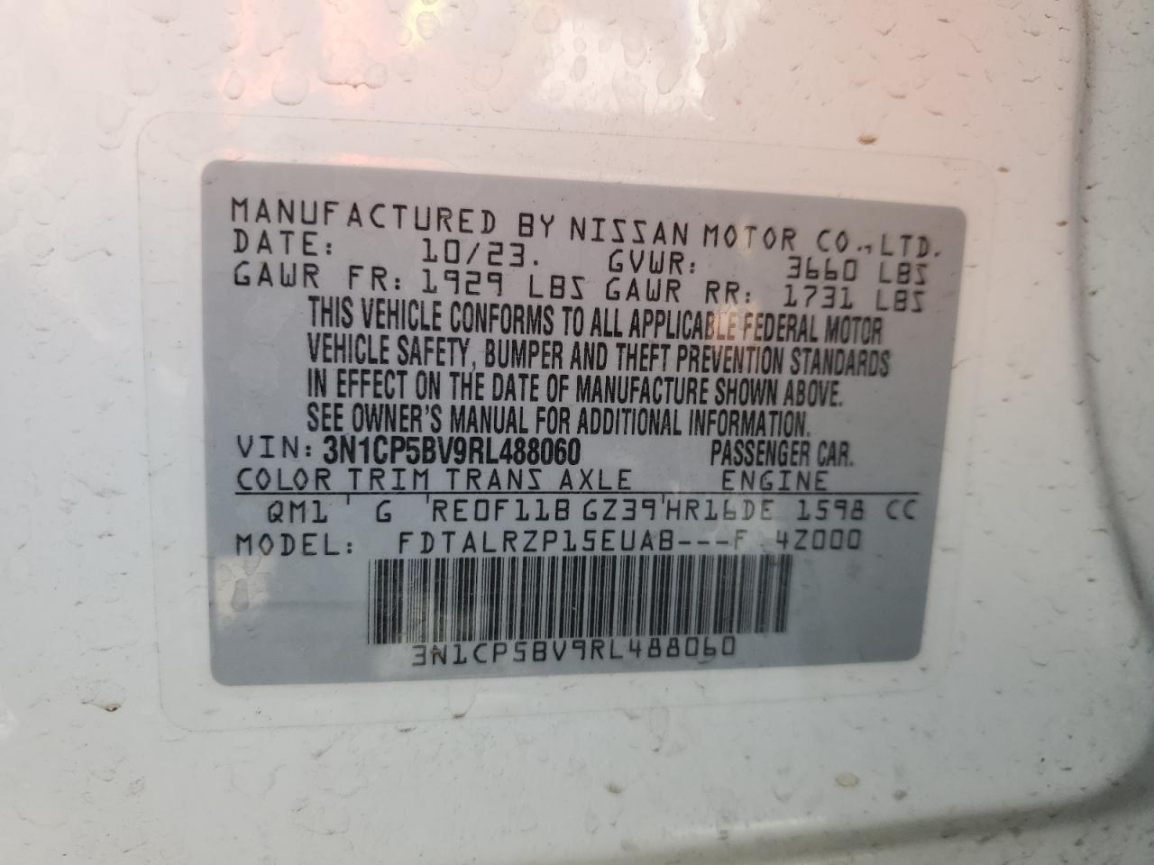 2024 NISSAN KICKS S VIN:3N1CP5BV9RL488060