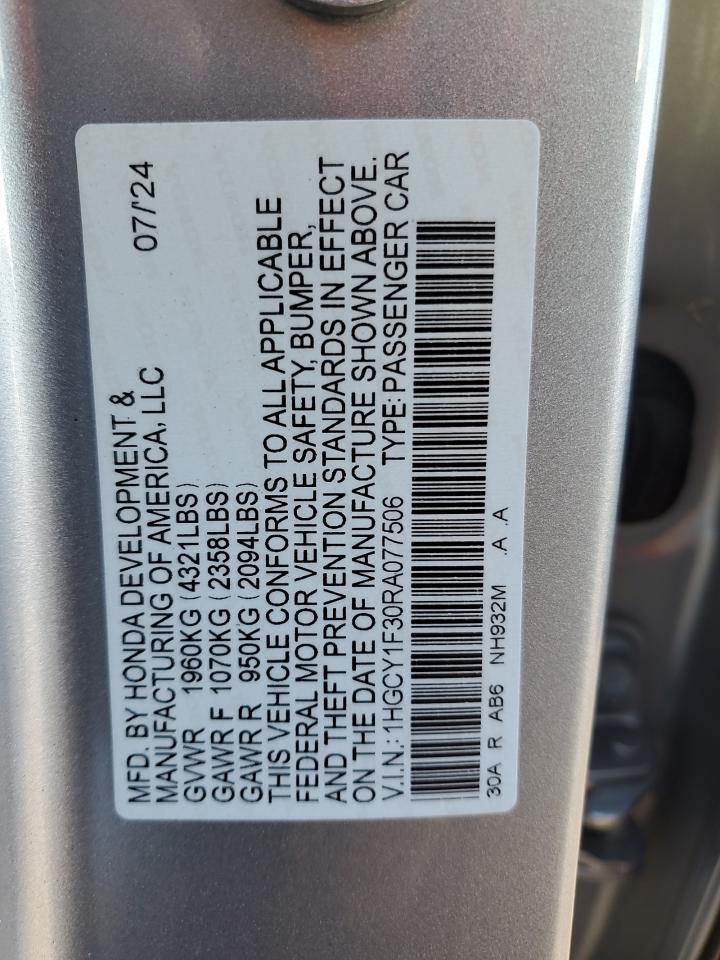 2024 HONDA ACCORD EX VIN:1HGCY1F30RA077506