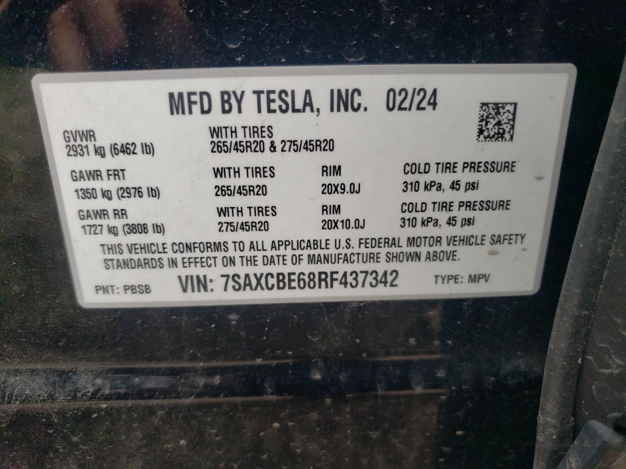 2024 TESLA MODEL X VIN:7SAXCBE68RF437342