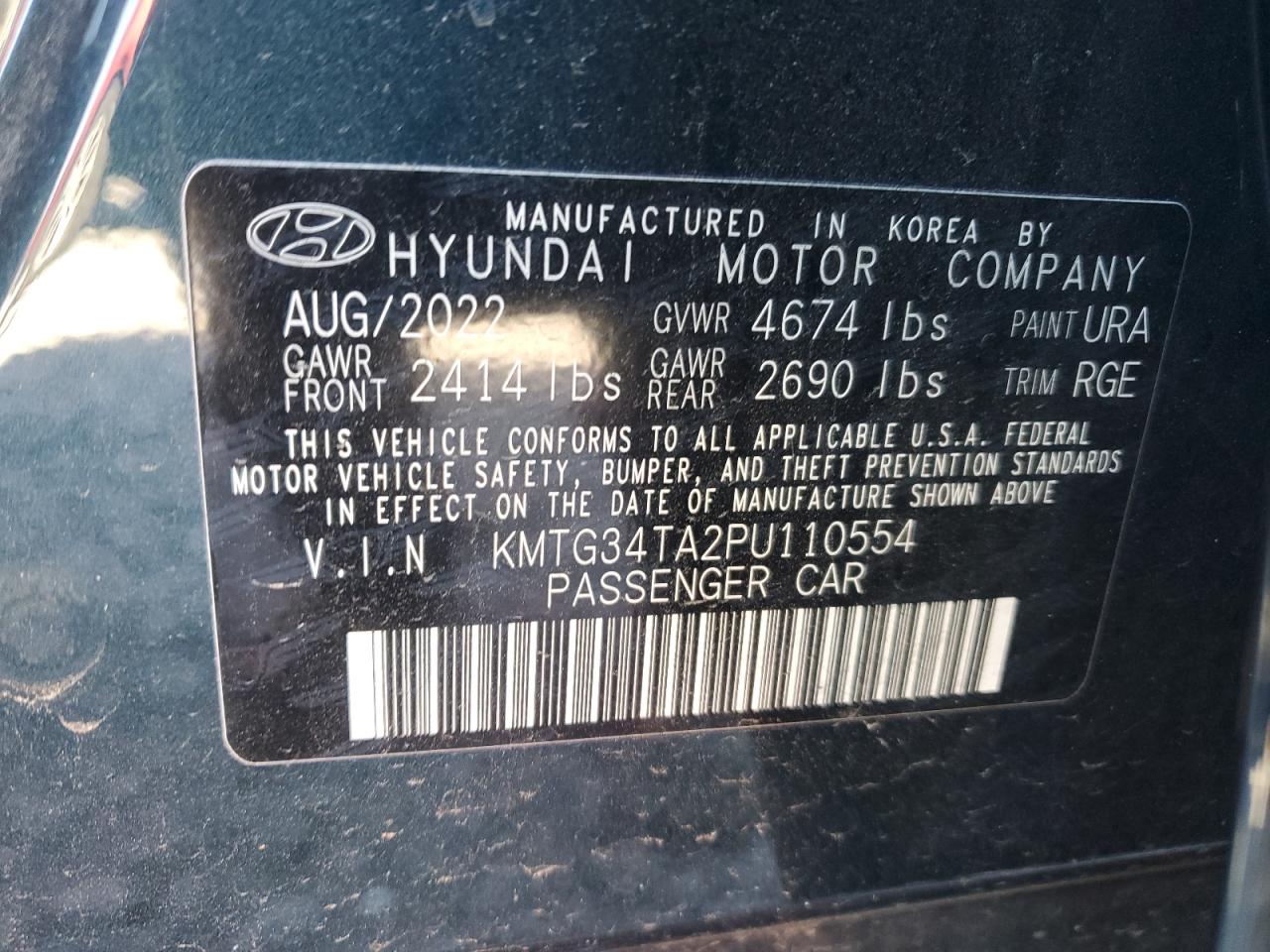 2023 GENESIS G70 BASE VIN:KMTG34TA2PU110554