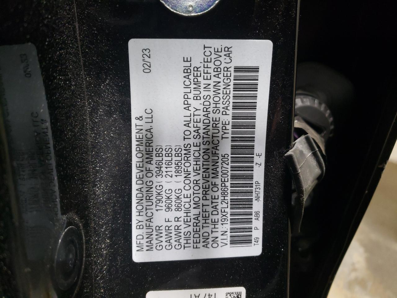 2023 HONDA CIVIC SPORT VIN:19XFL2H86PE007205