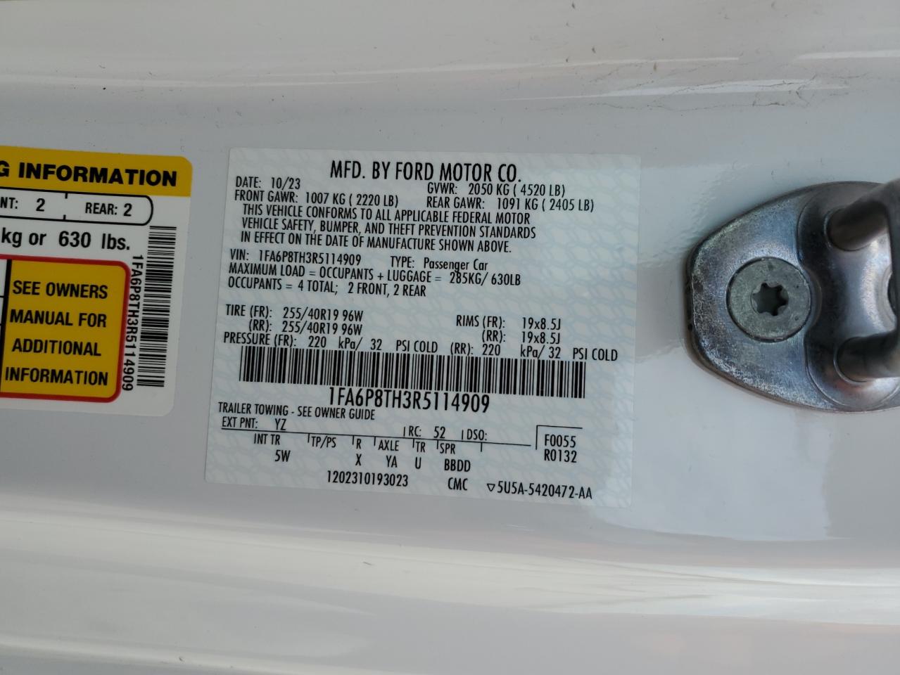 2024 FORD MUSTANG VIN:1FA6P8TH3R5114909
