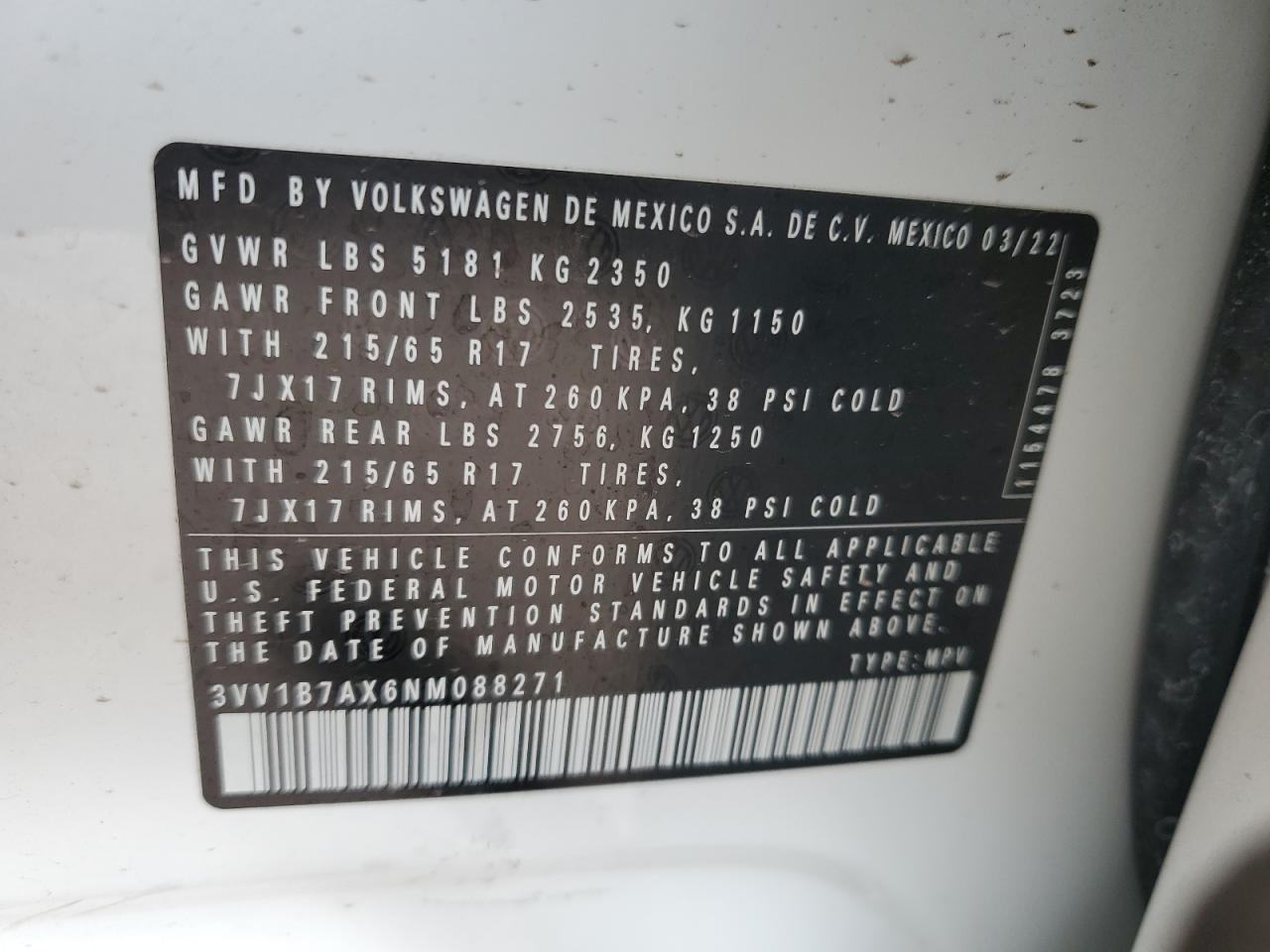 2022 VOLKSWAGEN TIGUAN S VIN:3VV1B7AX6NM088271