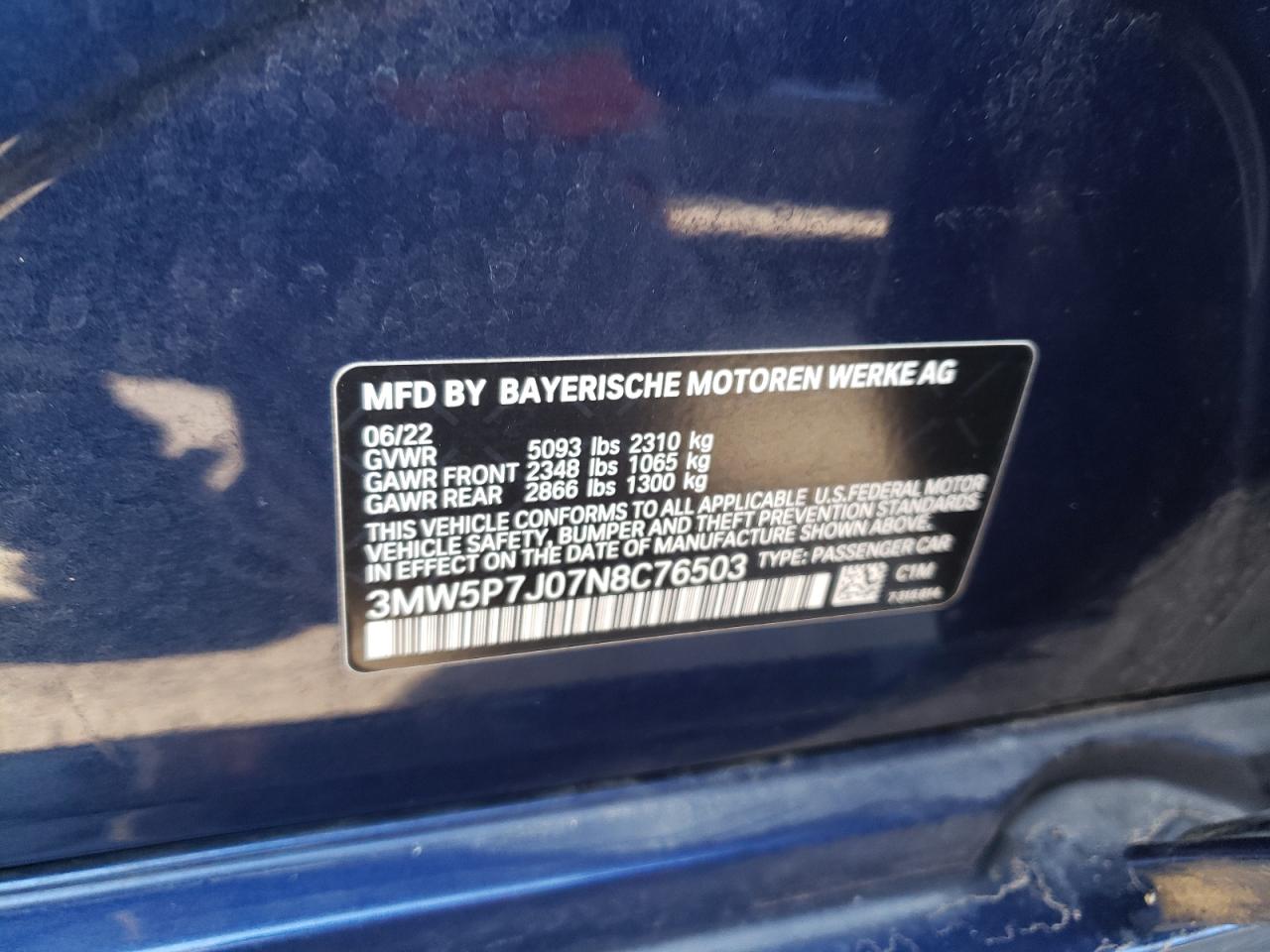 2022 BMW 330E VIN:3MW5P7J07N8C76503