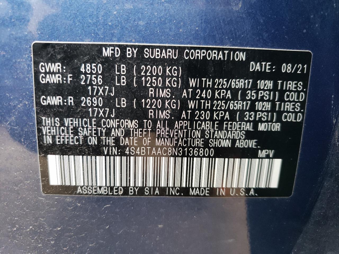 2022 SUBARU OUTBACK VIN:4S4BTAAC8N3136800