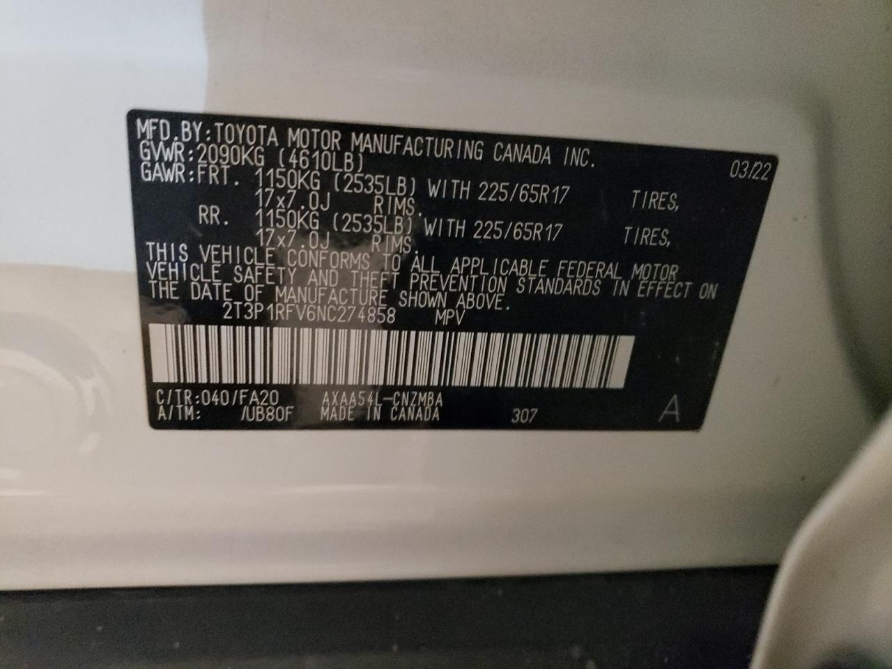 2022 TOYOTA RAV4 XLE VIN:2T3P1RFV6NC274858