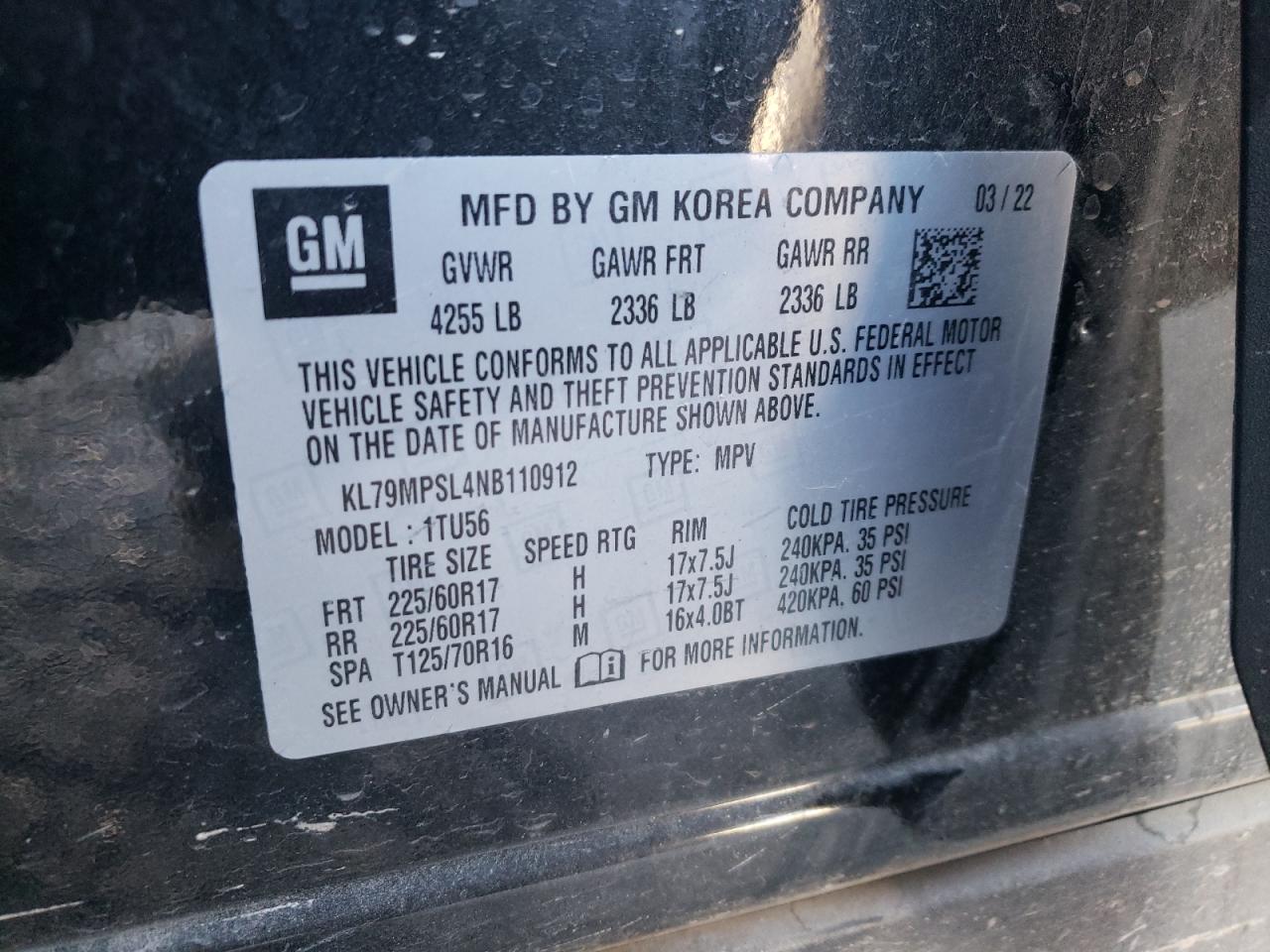 2022 CHEVROLET TRAILBLAZER LT VIN:KL79MPSL4NB110912