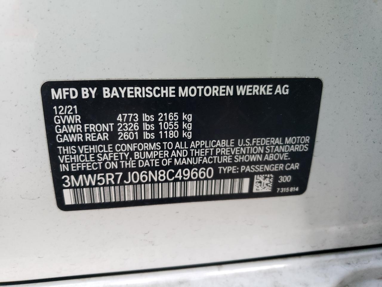 2022 BMW 330XI VIN:3MW5R7J06N8C49660