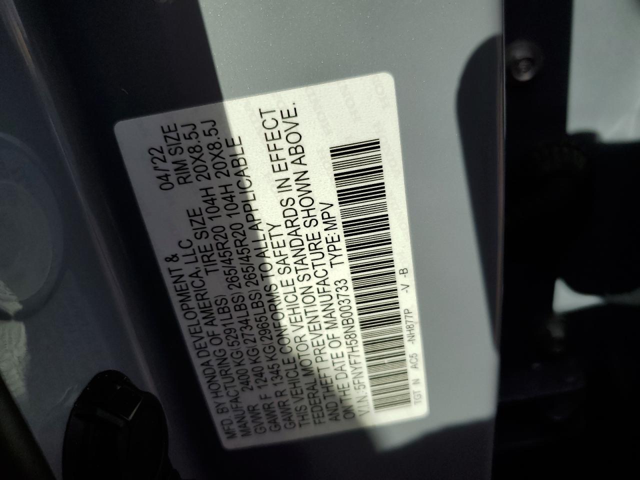 2022 HONDA PASSPORT EXL VIN:5FNYF7H58NB003733