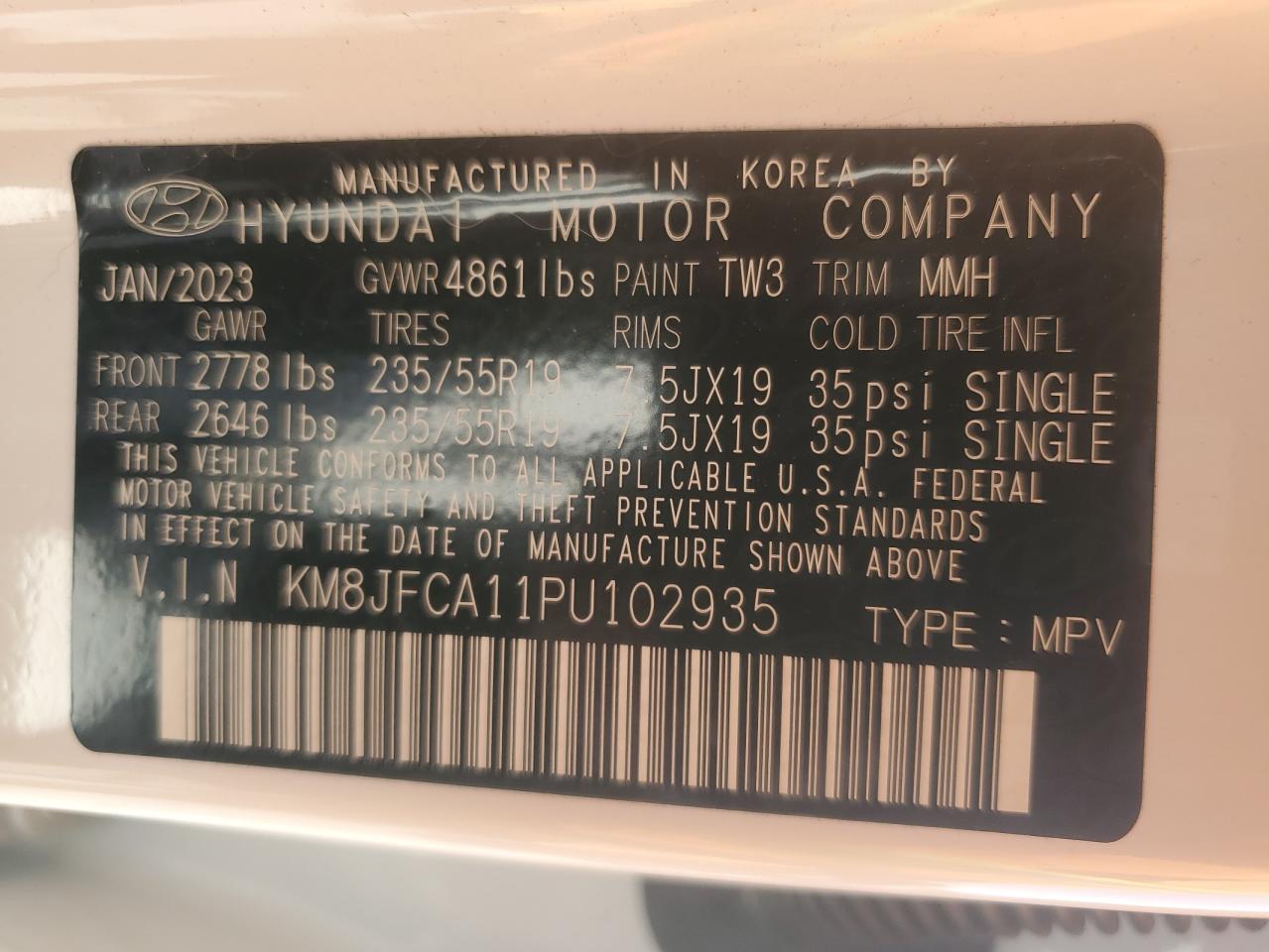 2023 HYUNDAI TUCSON SEL CONVENIENCE VIN:KM8JFCA11PU102935