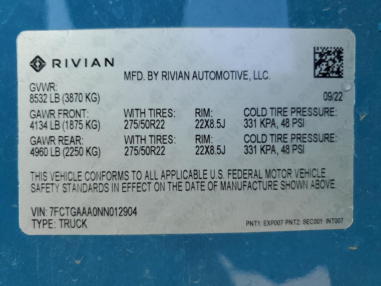 2022 RIVIAN R1T ADVENTURE VIN:7FCTGAAA0NN012904