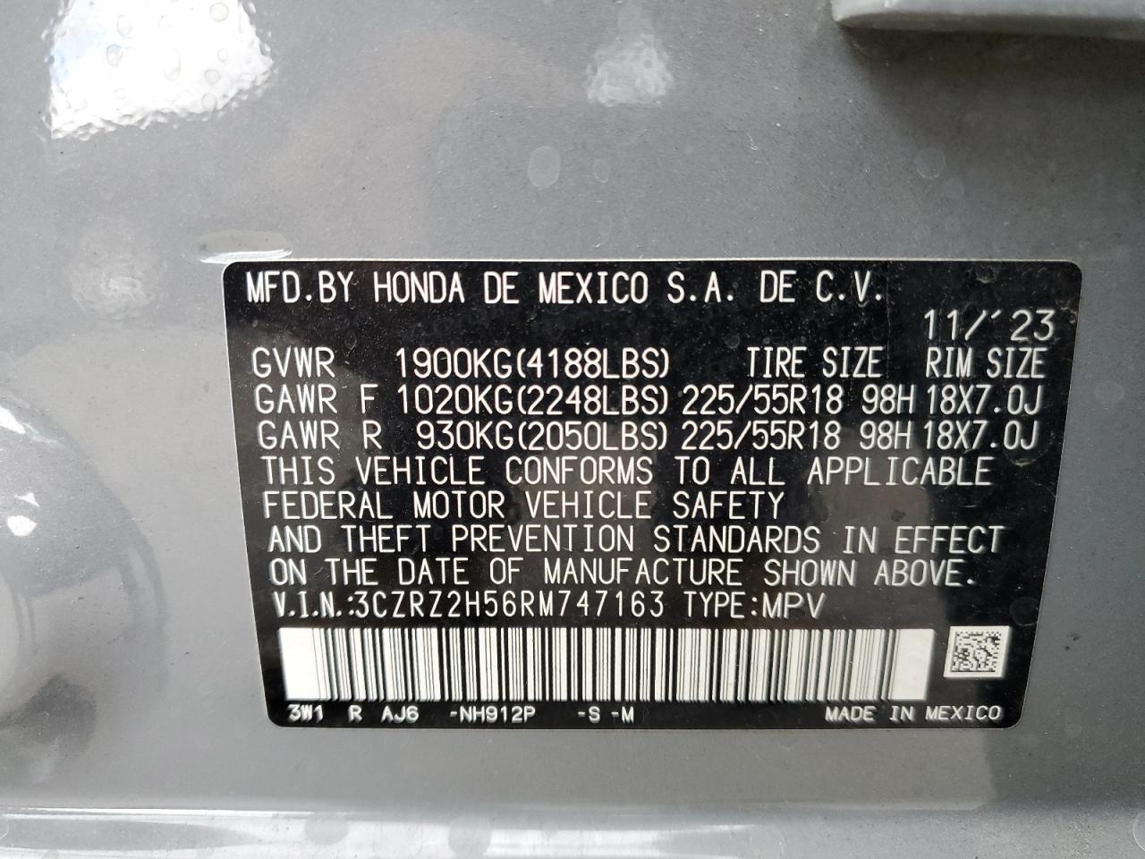 2024 HONDA HR-V SPORT VIN:3CZRZ2H56RM747163