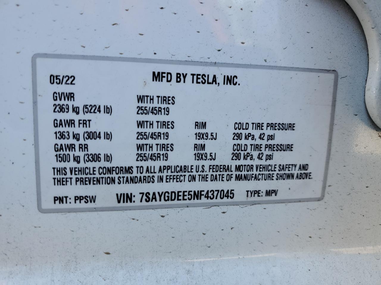 2022 TESLA MODEL Y VIN:7SAYGDEE5NF437045