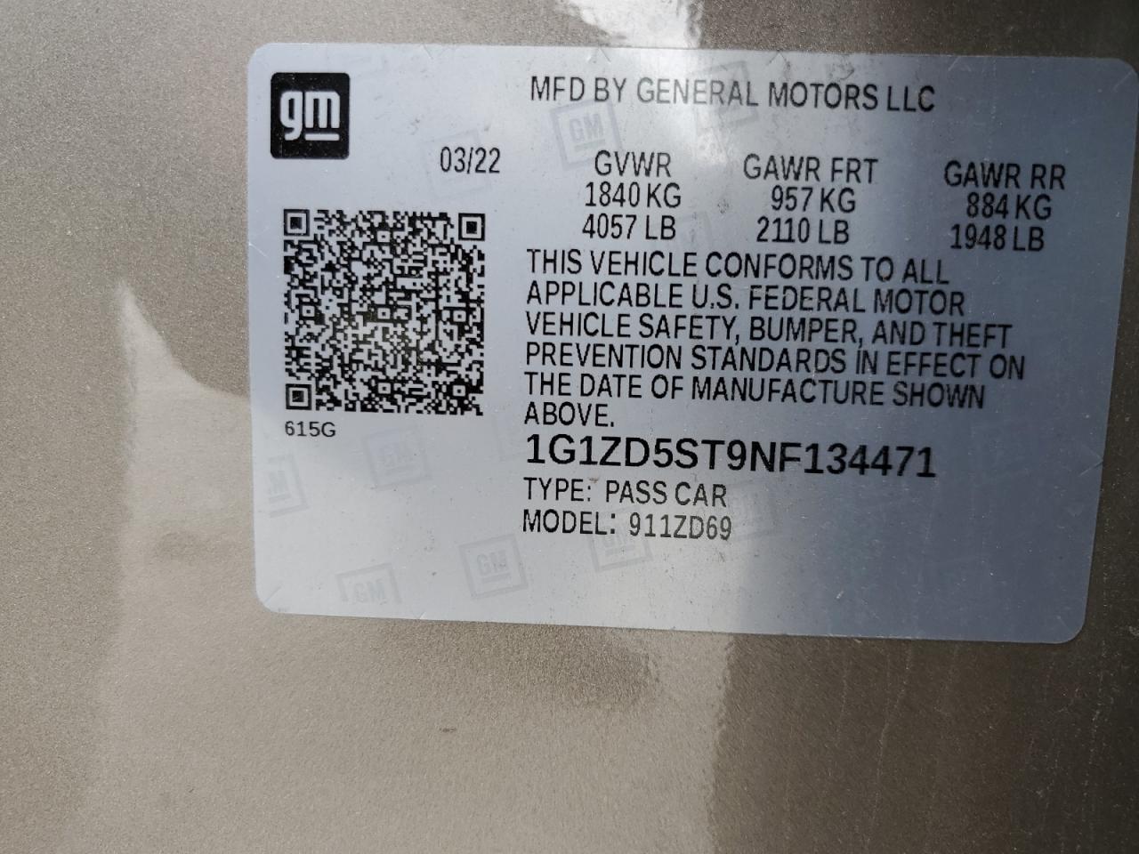 2022 CHEVROLET MALIBU LT VIN:1G1ZD5ST9NF134471