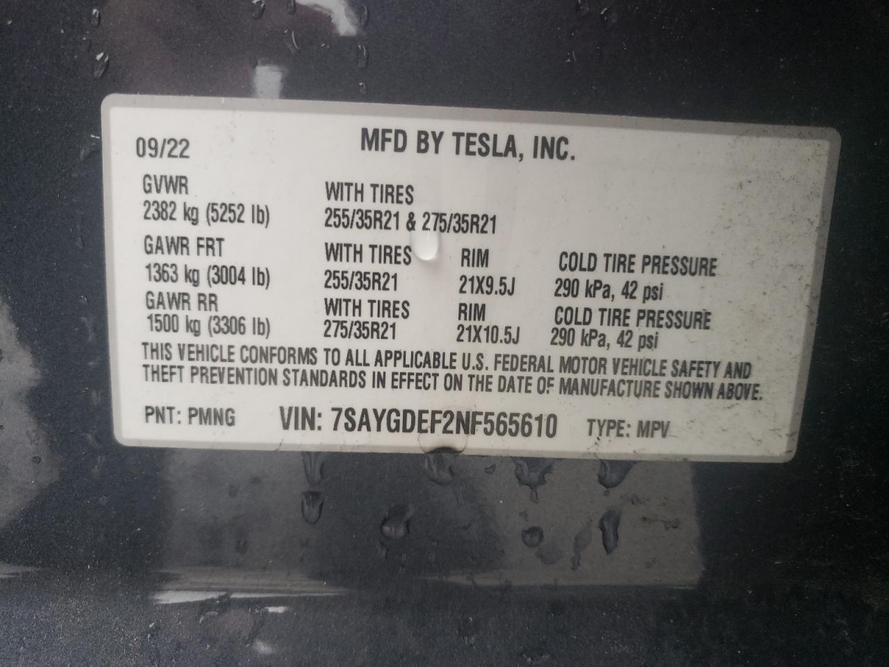 2022 TESLA MODEL Y VIN:7SAYGDEF2NF565610