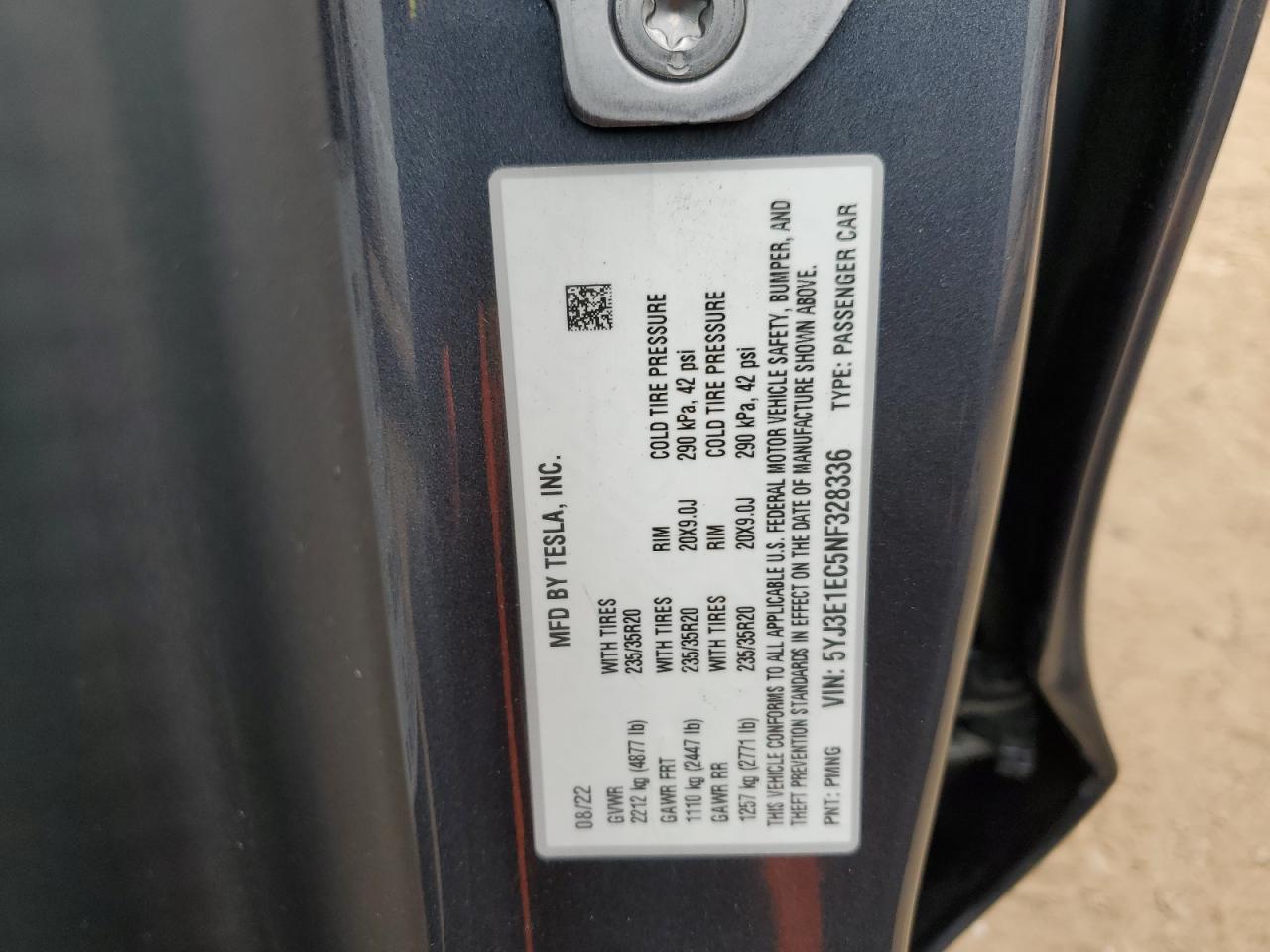 2022 TESLA MODEL 3 VIN:5YJ3E1EC5NF328336