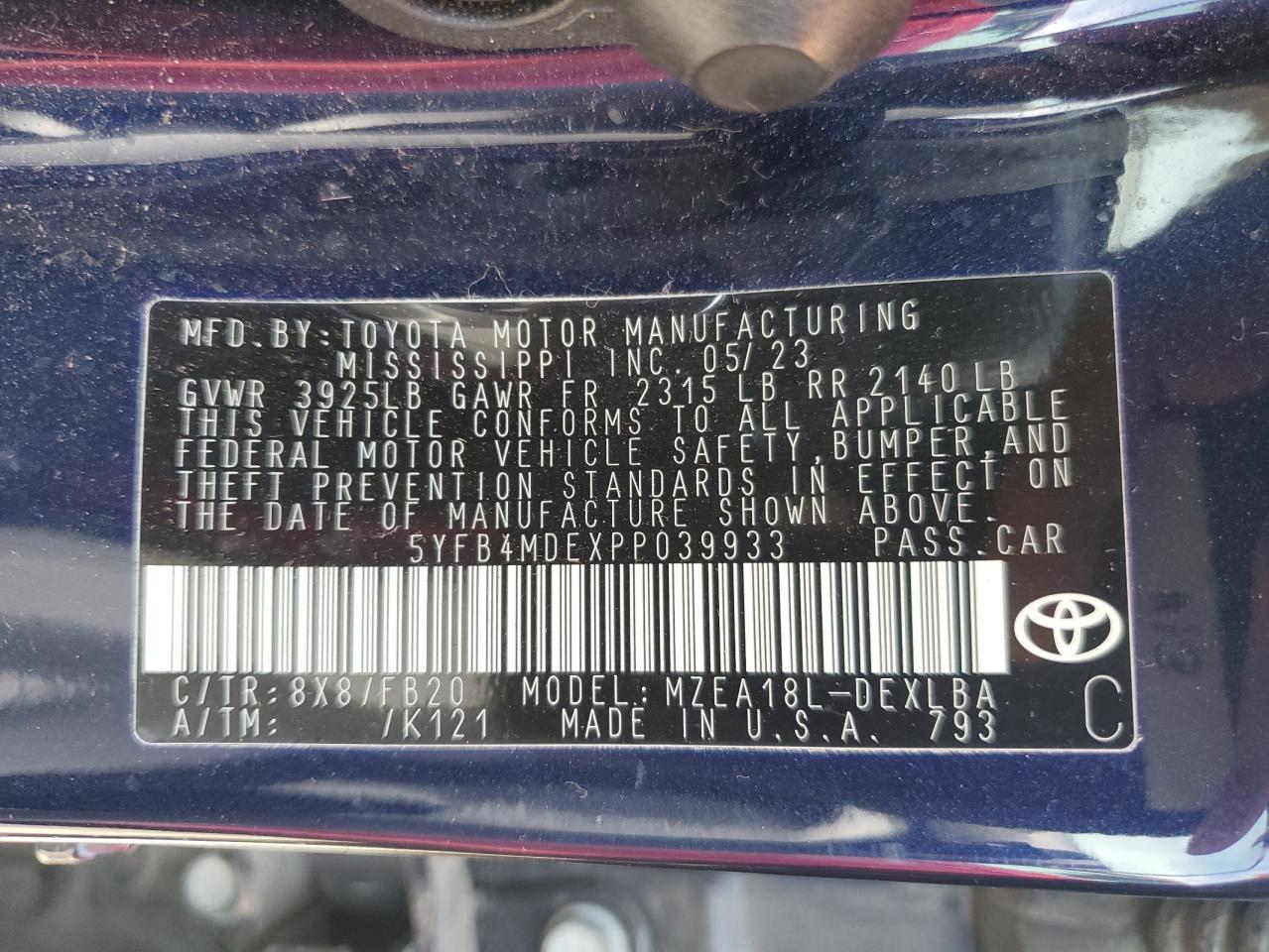 2023 TOYOTA COROLLA LE VIN:5YFB4MDEXPP039933