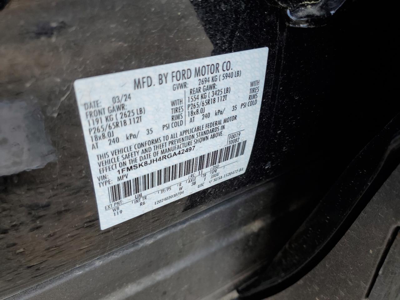 2024 FORD EXPLORER TIMBERLINE VIN:1FMSK8JH4RGA42497