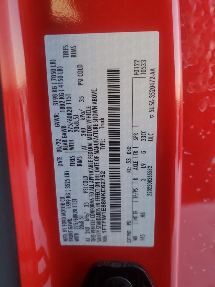 2022 FORD F150 SUPERCREW VIN:1FTFW1E88NKE62752