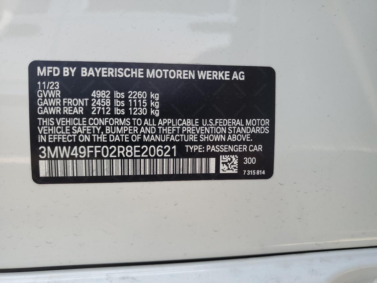 2024 BMW M340XI VIN:3MW49FF02R8E20621