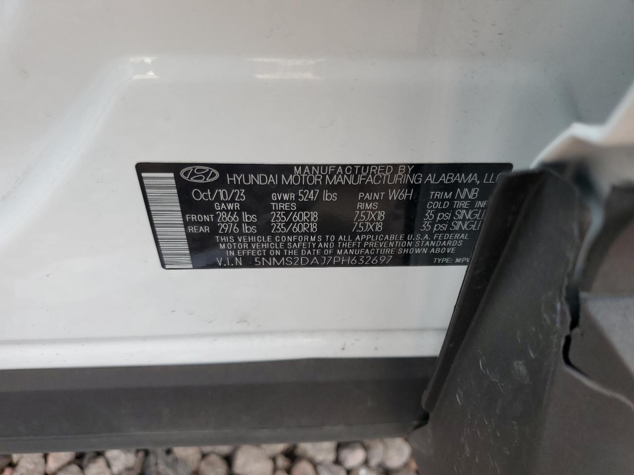 2023 HYUNDAI SANTA FE SEL VIN:5NMS2DAJ7PH632697
